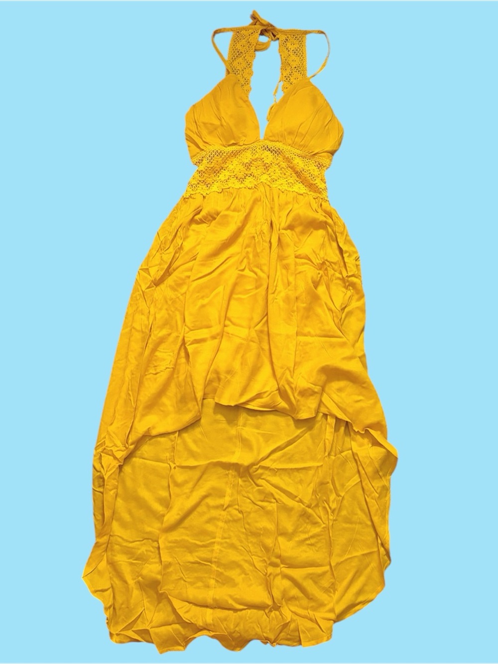 Forever 21 Yellow Halter High Low Summer Maxi Dress with Crochet Waist & Tie
